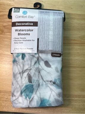 Comfort Bay Teal and Gray Floral Sheer Panel Pair
